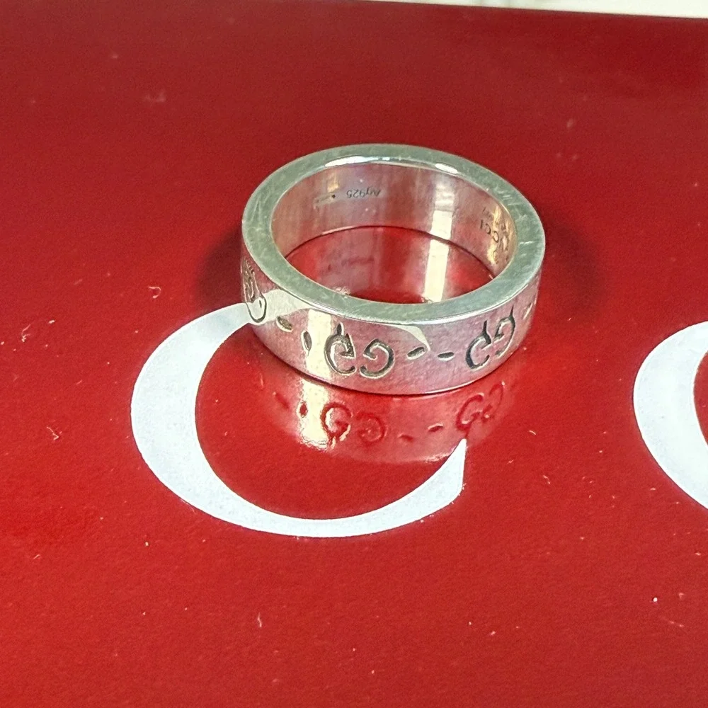 Gucci Ghost Ring Sterling Silver 6mm GG Skull Graffiti Band 477339 Size 16 IT